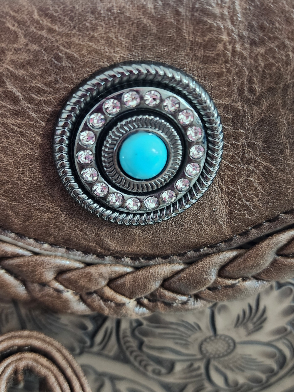 Western Style Embossed Brown Vegan Leather Crossbody Bag with Turquoise Accent - Picture 8 of 11